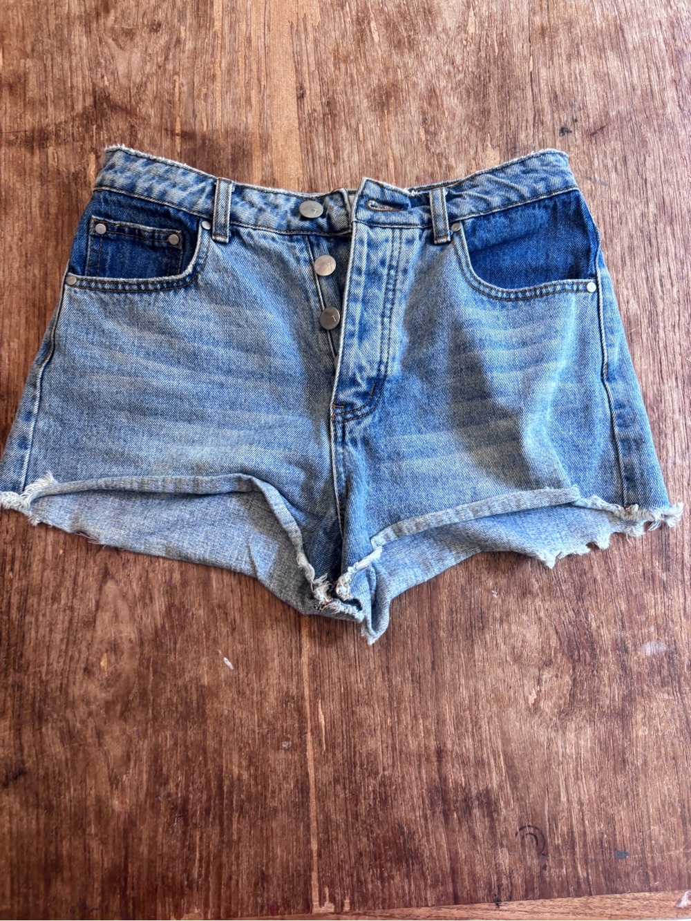 Tobi Two-Tone Blue Button-Front Denim Shorts